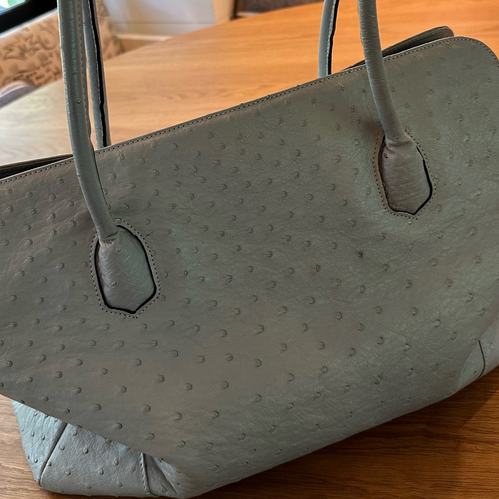 Lana Marks authentic sky blue ostrich leather large shopping bag.